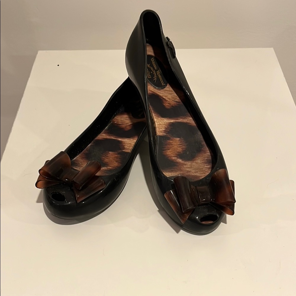Black and Brown Animal Print Rain Flats with Bow
